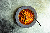 Healthy ukrainian beetroot soup Borscht served in the bowl