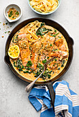 Salmon in spinach cream sauce with ribbon noodles