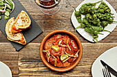 A selection of Spanish tapas. Chorizo, padron peppers and grilled cheese toasts