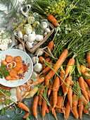 Still life with carrots, mushrooms, onions, crème fraiche, dill and parsley