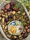 French fries with mayonnaise, ketchup and salt on a plate in a basket surrounded by different kinds of potatoes