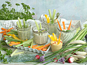 Vegetables with five different herb dips