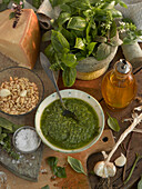 Basil pesto and ingredients