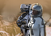 Astronaut with a robot on Mars, illustration