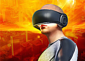 Man wearing a virtual reality headset, illustration