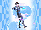 Man wearing a virtual reality headset, illustration