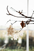 Branches with scrolled paper ornaments in front of a window