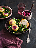 Crusted roast beef with red cabbage dumplings and kale
