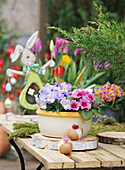 Easter decoration with primroses, horned violets, tulips, and wooden rabbit
