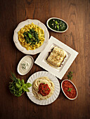 Various pasta dishes with pasta sauces
