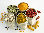 Five bags of spices surrounded by loose spices on a light background