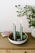 DIY candle tray with pinecones and succulents for Advent