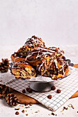 Yeast cake with nuts raisins chocolate filling and frosting