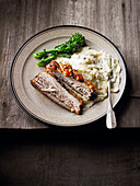 Slow roasted pork belly with celeriac and pear puree