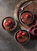 Homemade chocolate pudding with sour cherries