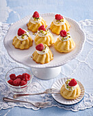 Creamy mini cakes with goji berries garnished with raspberries