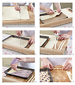 Preparing a simple sheet cake with puff pastry and a pastry lattice