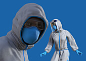 Healthcare workers wearing protective clothing, illustration