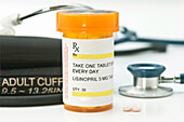 Lisinopril prescription with stethoscope and bp cuff