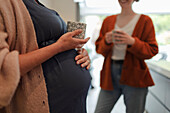 Pregnant woman and friend drinking tea in kitchen