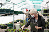 Female garden shop owner in face mask inspecting plants