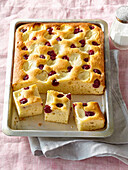 Sour cherry and vanilla cake in the baking tray