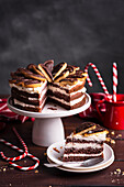 Christmas cake chocolate layered with cream and jelly cookies on the top