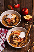 Date porridge with date apple sauce hazelnuts and yoghurt