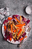 Raddichio with pearl barley, red onion, caramelized carrots, and turkey