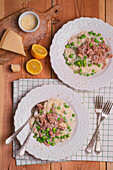 Risotto with green peas tuna