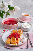 Spring crepes with cottage cheese and baked rhubarb