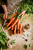 Woman holding bunch of young carrots