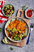 Baked sweet potato fries with Mexican salad