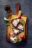 Protein bread with grainy cream cheese and radishes