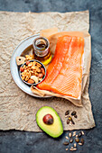 Various sources of good fats - salmon, nuts and seeds, olive oil, avocado