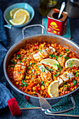 Mexican rice with corn and salmon