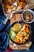 Beer battered mushrooms with nuts and mustard-honey dressing