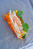 Ingredients for spring rolls with Norway lobster and vegetables
