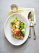 Soba noodle salad with miso, mini cucumbers and smoked salmon