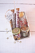 Homemade herbal salts in test tubes and jars
