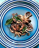 Greek octopus in red wine with bay leaves