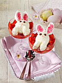 Coconut bunnies on rhubarb-and-strawberry compote