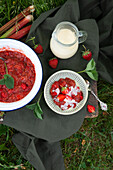 Rhubarb and strawberry jelly with vanilla sauce, vegan