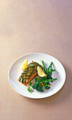 Salmon with lemon pesto crust and broccolini