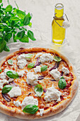 Pizza mit Burrata, roten Zwiebeln und Basilikum