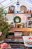 Plant pots, wreathes, and candles next to old kitchen scales, in front of a Christmas tree