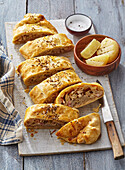 Savoury bacon and soft ripened cheese strudel