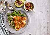 Grilled halloumi cheese with green garlic beans