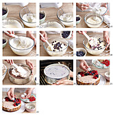 Preparing blueberry cheesecake with summer berries and meringue dots