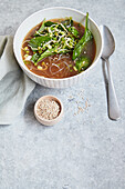 Miso soup with kelp noodles and marinated vegetables
